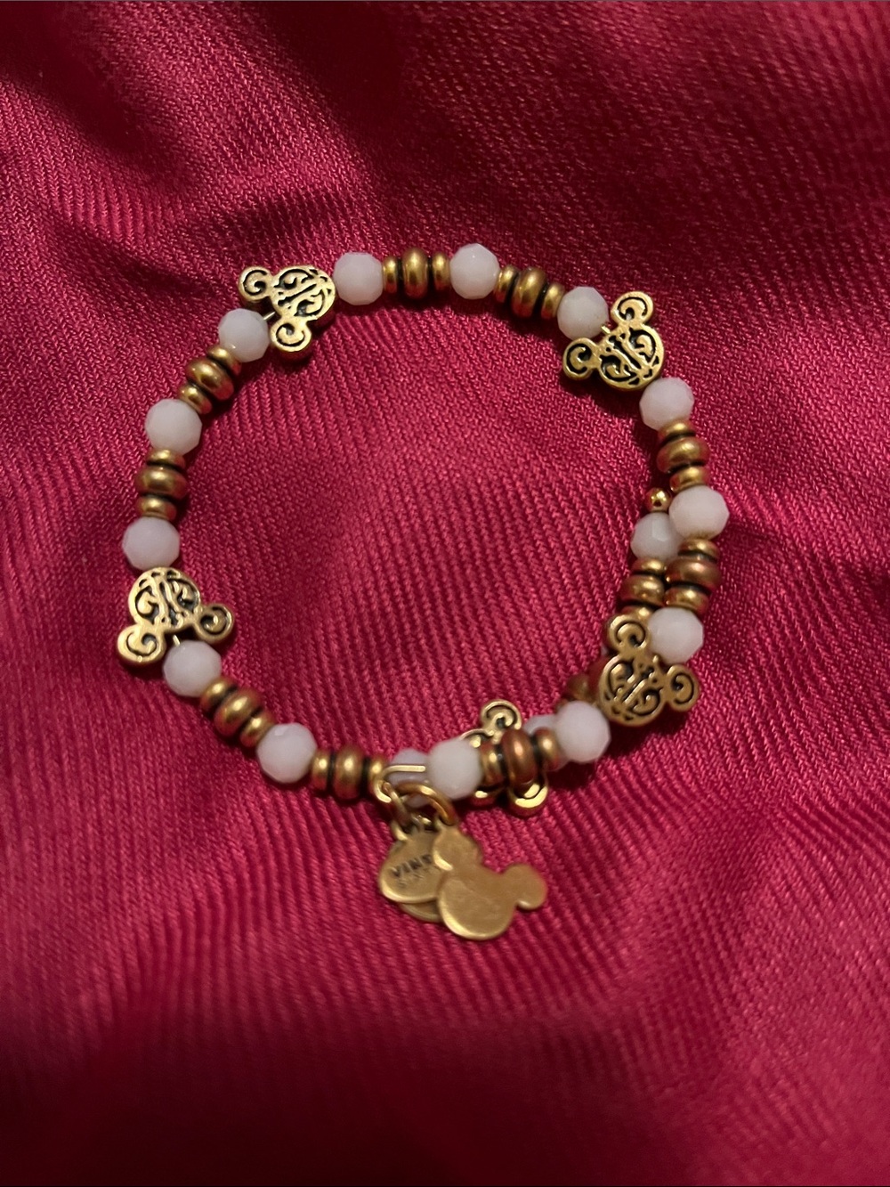 Alex and Ani Gold-Tone Bracelet with White Beads and Filigree Charms